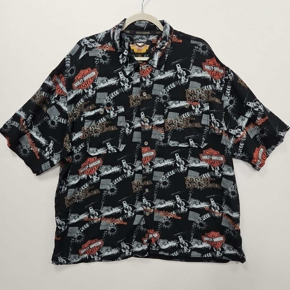 Harley Davidson‎ Shirt Men 2XL Black Garage All Over Print Rayon 90 Biker